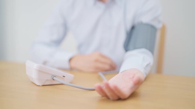 Man checking Blood pressure by Blood pressure monitor with Cuff. Systolic, SYS, Diastolic, DIA, Pulse, Hypertension, Hypotension, Heart rate, Cardiovascular Disease and May World hypertension day