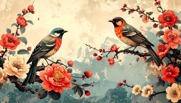 Two colorful parrots perched on flowering tree branch.
