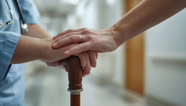 Doctor holding patient's hand with walking cane in medical support gesture