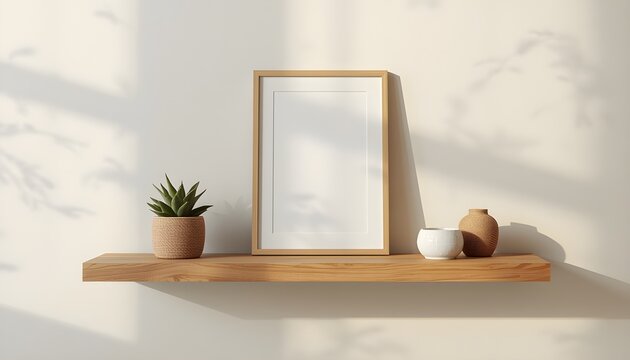 Minimalist Wooden Shelf with Empty Frame, Succulent Plant, and Decorative Vases in Sunlit Room