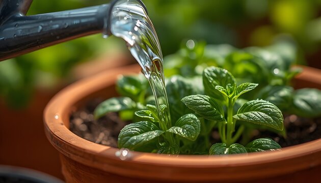 Watering Potted Herb Garden with Fresh Water from Watering Can