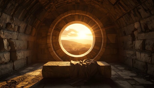 Mysterious Sunlight Through Ancient Stone Archway with Dramatic Tomb Atmosphere