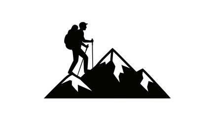 Hiker silhouette stands triumphantly on top of a sharp mountain peak representing outdoor adventure and goal achievement. © ocil