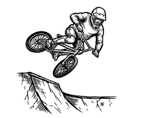 Obraz premium Bicycle rider performing airborne trick over ramp, hand drawn engraving illustration, extreme cycling sports illustration
