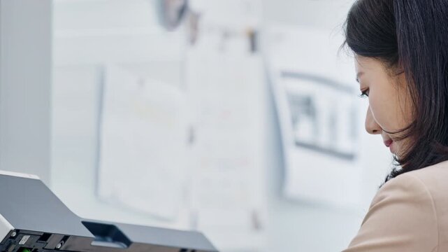 Young Asian Businesswoman Using Office Printer for Everyday Administrative Work