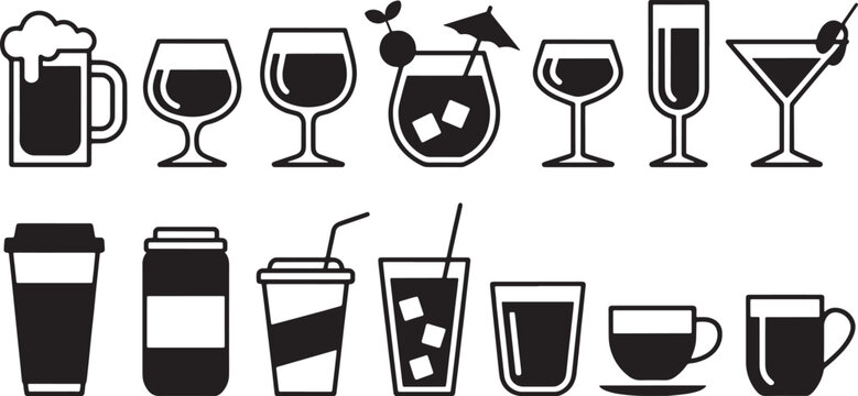 Drinkware icons set featuring beer mugs, cocktail glasses, coffee cups and beverage containers and water glass, drink vessel, and black and white