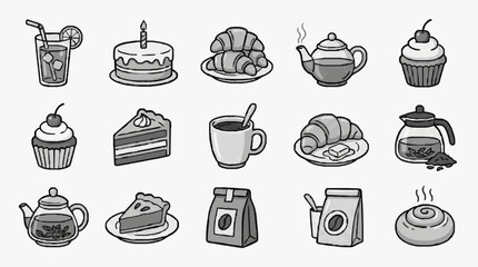 Fototapeta premium Corporate Flat Set of 15 Minimalist Monochrome Coffee and Dessert Items for Presentations Websites and Marketing Materials