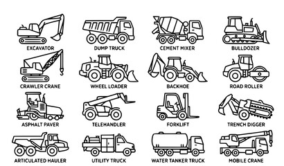 Modern Heavy Construction Vehicle Line Icon Collection with 16 Editable Stroke Machinery Symbols Vector © Shultana