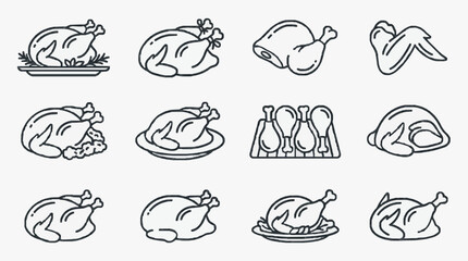 Obraz premium Corporate Collection of Black and White Line Art Illustrations of Roasted Turkeys in Various Styles and Settings