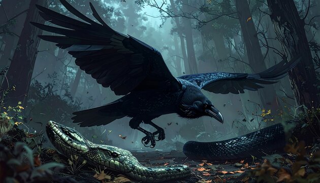A dark mysterious forest scene with a large bird attacking a snake