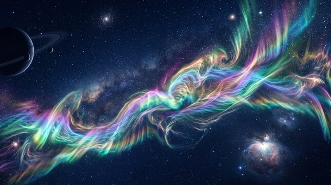 Vibrant colorful nebula swirling in deep space with stars and planets