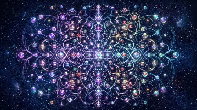 Vibrant cosmic network with glowing orbs and swirling lines in space