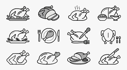 Obraz premium Corporate Collection of Minimalist Black and White Illustrated Chicken Dish Icons for Food Apps Websites and Presentations