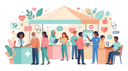 Obraz premium Community Health Fair: Diverse People Receive Medical Care and Information