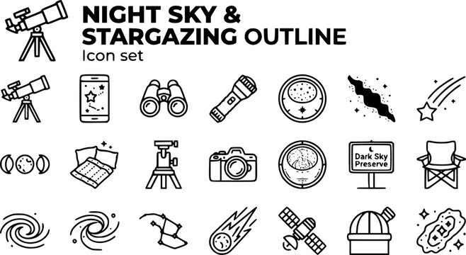 Night Sky and Stargazing Outline Icon Set with Telescope, Star Chart, Milky Way Band and Astrophotography Camera, 20 Icons Editable Strokes