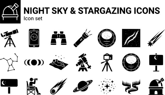 Night Sky and Stargazing Silhouette Icon Set with Telescope, Star Chart, Milky Way Band and Astrophotography Camera, 20 Icons for Astronomy Clubs and Outdoor Gear Brands, Flat Vector