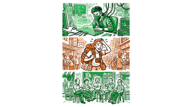 Triptych illustration: Programmer, lost tourist, and people on phones, inspired by Indian flag colors