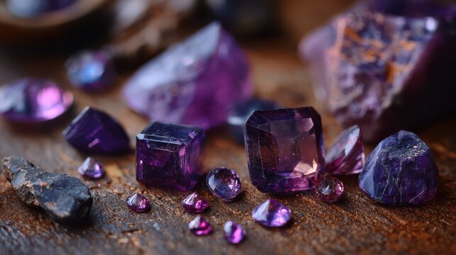 Raw amethyst crystals and faceted gems on textured wood during soft natural light macro detail luxury concept