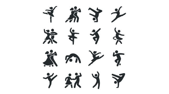 A collection of black vector icons showing people performing various styles of artistic dance movements