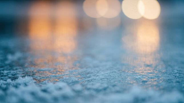 Abstract winter background of ice and water with blurred bokeh lights.