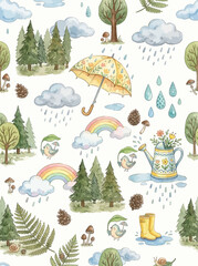 Obraz premium Whimsical Hand Painted Watercolor Forest Rain Pattern with Cute Birds Umbrellas Rainbows and Woodland Elements for Spring and Autumn Seasonal Decor