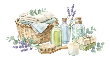 Watercolor Spa Wellness Illustration Featuring Lavender Eucalyptus Oil Bath Salts and Towels for Relaxation