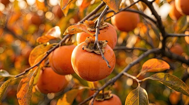 Ripe orange persimmon fruits hanging on a tree branch in an autumn orchard.