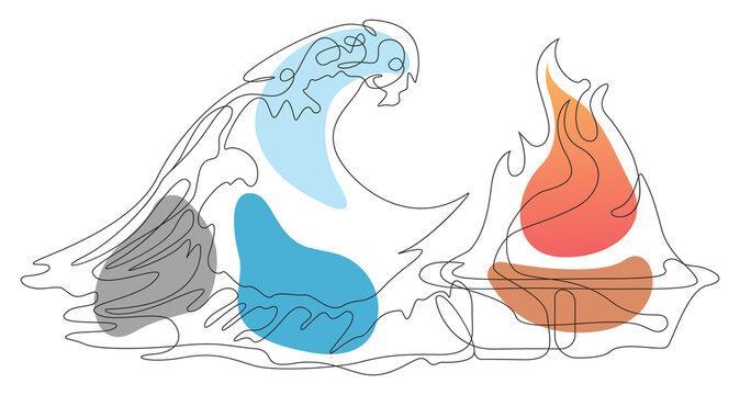 Continuous line art of a big ocean wave and fire flame with abstract shapes.