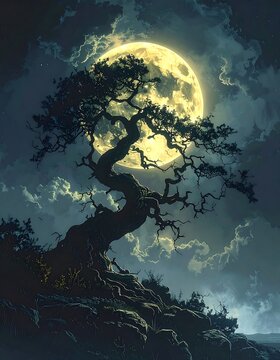 A dark, mystical tree silhouette against a glowing moonlit sky