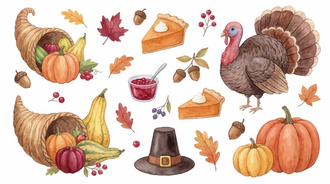 Watercolor Thanksgiving Illustration Collection Featuring Traditional Harvest Elements and Holiday Symbols