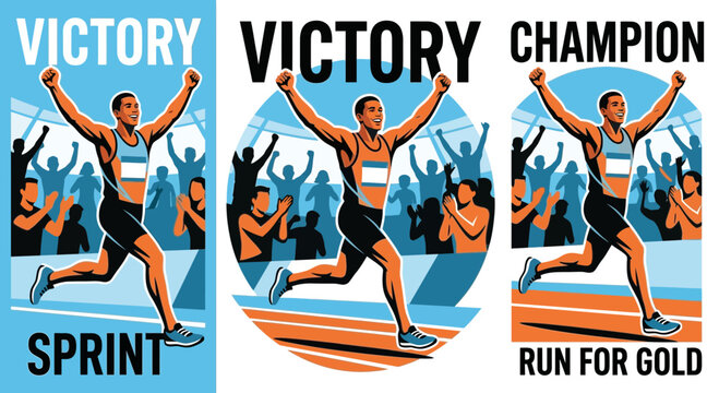 Athletic Champion Celebrates Sprint Victory With Uplifted Arms Amidst Cheering Crowd Illustration