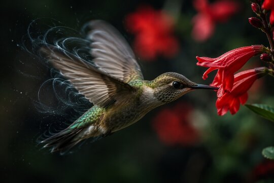 A hummingbird feeding from a flower, wings creating air vortices in slow motion.