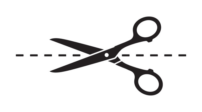 Open scissors cutting a dashed line black silhouette