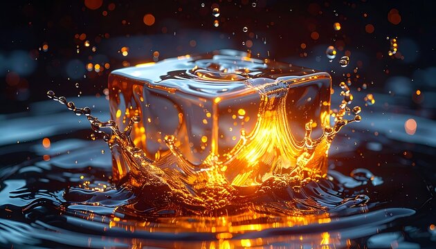 Glowing Ice Cube in Water Droplets.