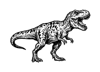 Tyrannosaurus rex with open jaws and muscular body, vintage engraved illustration, prehistoric dinosaur vector illustration