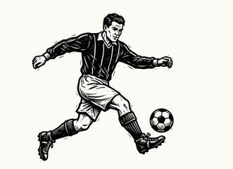 Fototapeta premium Soccer player kicking ball in full stride, vintage engraved illustration, football action and sports vector illustration
