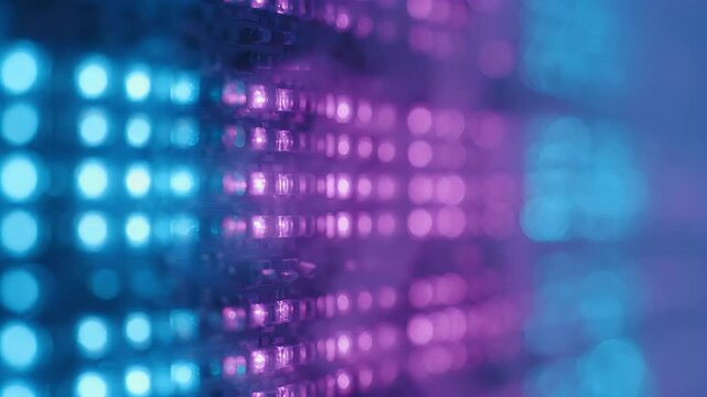 Close Up Cyberpunk LED Diode Wall Background. Macro shot of a digital screen wall with rows of small blue and purple LED lights flashing with smoke effects. Ideal for cyberpunk and tech concepts.