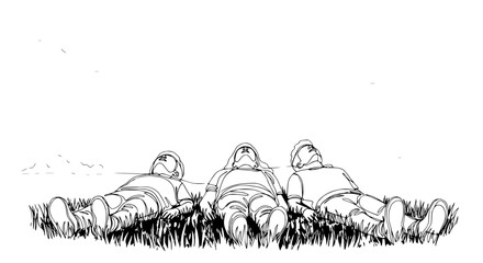 Three astronauts lying on grass, looking up at the sky, minimalist line art © Wachi