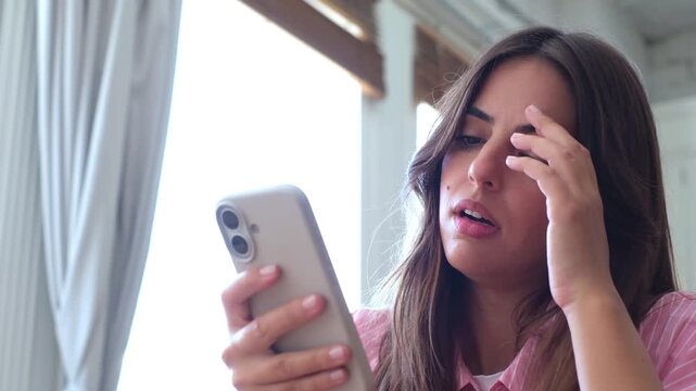 A young woman is visibly upset and crying after receiving bad news or seeing something shocking on her smartphone. Her emotional reaction shows deep sadness and distress.
