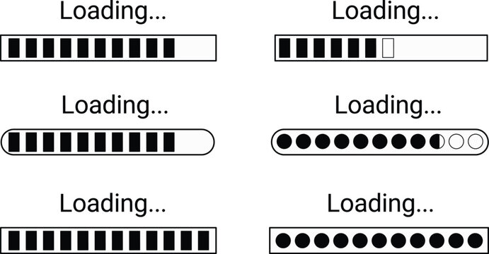 Loading Progress Bar Icons Set with Segmented Buffering, Processing, Download, and Status Indicators for Website, Mobile App, and User Interface Design
