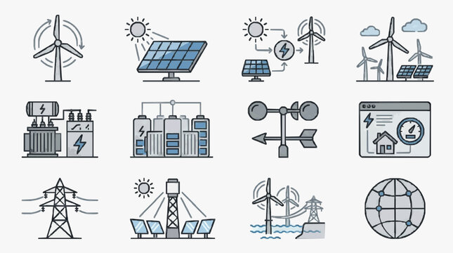 Corporate Infographic Illustrating Modern Renewable Energy Systems and Smart Grid Technology with Wind Turbines Solar Panels Batteries and Global Network