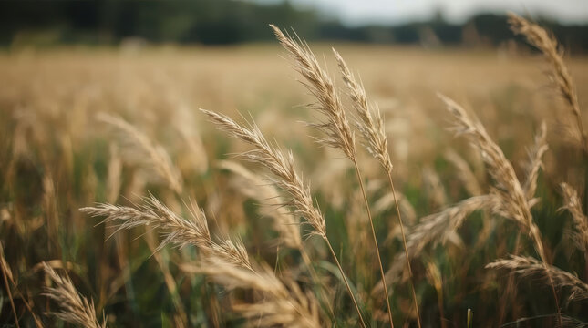 Golden wheat grass field moving in wind, serene minimalist nature scene