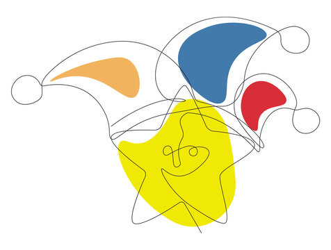 Continuous line art of a jester hat and star with abstract color shapes.