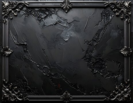 A dark, ornate frame with a textured, black background and raised, decorative corners and edges