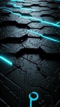 Dark hexagonal technical pattern with blue neon lights.