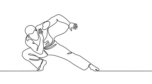 Minimalist continuous line art of a man in a martial arts pose
