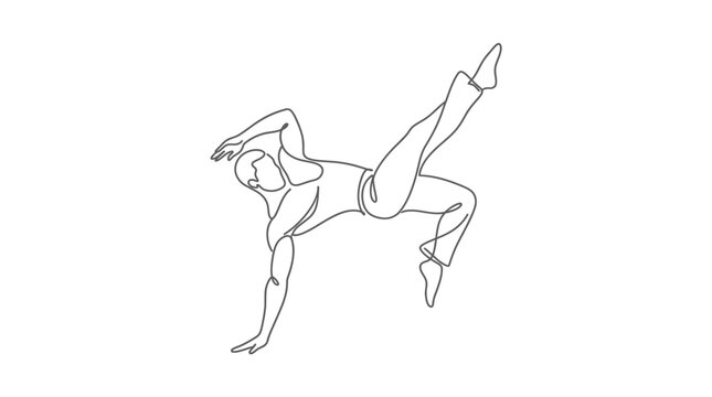 Minimalist continuous line drawing of an athlete performing a dynamic capoeira kick or breakdance move.
