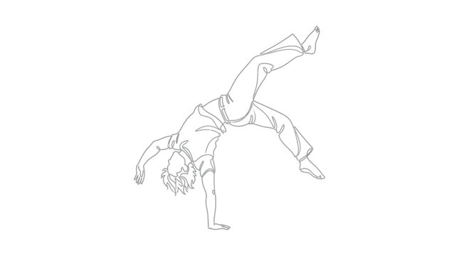 Minimalist continuous line drawing of an acrobatic man performing a capoeira flip or handstand.
