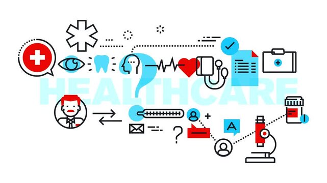 Healthcare concept animation showing blue typography text with medical thin line icons on white background.