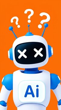 Confused AI robot with question marks and error.